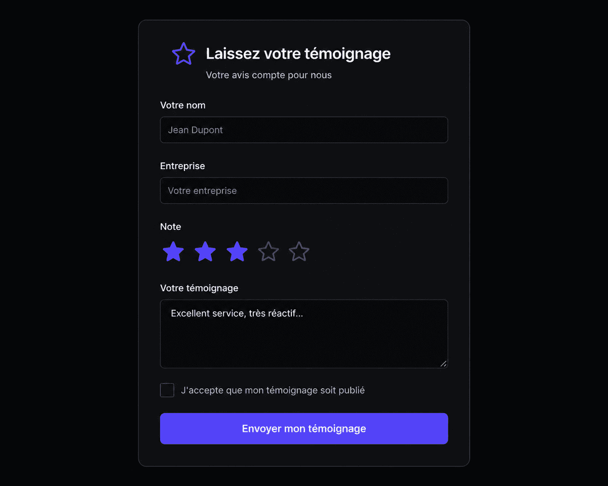Collectez des témoignages en 2 minutes — sans relancer vos clients